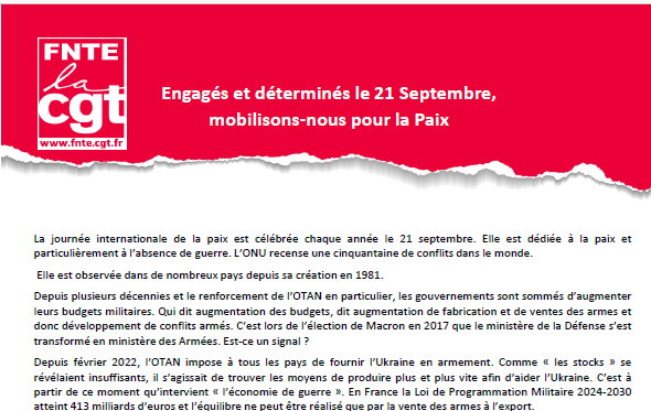 Expression fédérale : Engagés et déterminés le 24 septembre, mobilisons nous pour la Paix.