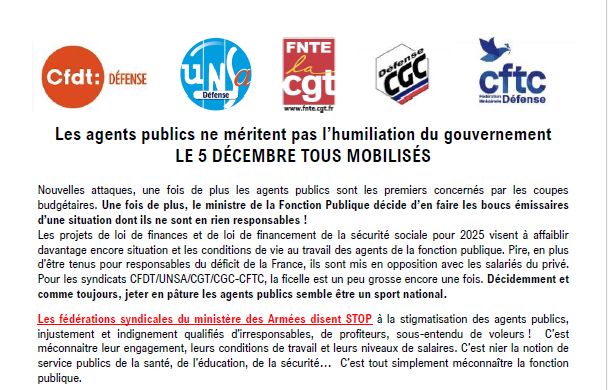 Communiqué Intersyndical - CFDT - UNSA - CGT - CGC-CFTC  - Appel à Mobilisation du 5 décembre 2024  "Les agents publics ne méritent pas l'humiliation du gouvernement - LE 5 DECEMBRE TOUS MOBILISES "