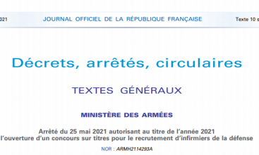 Arrêté du 25 mai 2021 autorisant au titre de l’année 2021 l’ouverture d’un concours sur titres pour le recrutement d’infirmiers de la défense