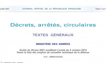 Arrêté du 29 juin 2021 modifiant l’arrêté du 3 octobre 2014 fixant la liste des emplois de conseiller technique de la défense