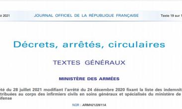 Arrêté du 28 juillet 2021 modifiant l’arrêté du 24 décembre 2020 fixant la liste des indemnités attribuées au corps des infirmiers civils en soins généraux et spécialisés du ministère de la défense.