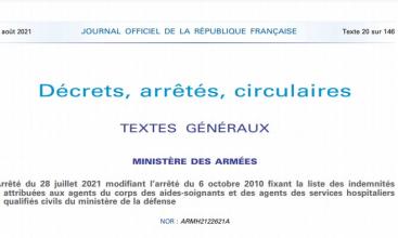 Arrêté du 28 juillet 2021 modifiant l’arrêté du 6 octobre 2010 fixant la liste des indemnités attribuées aux agents du corps des aides-soignants et des agents des services hospitaliers qualifiés civils du ministère de la défense.