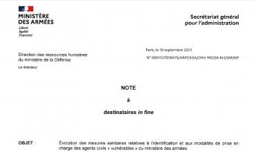 Note de la DRH-DM du 10 septembre 2021 : Evolution des mesures sanitaires relatives à l'identification et aux modalités de prise en charge des agents civils "vulnérables" du Ministère des Armées.