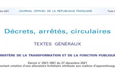 Décret no 2021-1861 du 27 décembre 2021 portant création d’une allocataire forfaitaire attribuée aux maîtres d’apprentissage