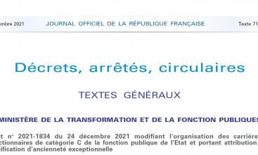 Décret no 2021-1834 du 24 décembre 2021 modifiant l’organisation des carrières des fonctionnaires de catégorie C de la fonction publique de l’Etat et portant attribution d’une bonification d’ancienneté exceptionnelle