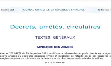 Décret no 2021-1872 du 29 décembre 2021 modifiant le tableau des emplois classés en catégorie active annexé au code des pensions civiles et militaires de retraite en ce qui concerne les emplois relevant du ministère de la défense et de l’Institution nationale des invalides.