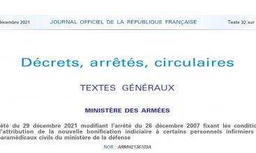 Arrêté du 29 décembre 2021 modifiant l’arrêté du 26 décembre 2007 fixant les conditions d’attribution de la nouvelle bonification indiciaire à certains personnels infirmiers et paramédicaux civils du ministère de la défense