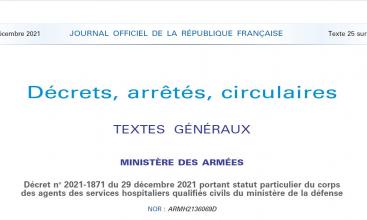 Décret no 2021-1871 du 29 décembre 2021 portant statut particulier du corps des agents des services hospitaliers qualifiés civils du ministère de la défense