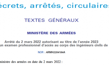 Arrêté du 2 mars 2022 au titre 2023 pour ouverture d'un examen professionnel pour accès à ICD