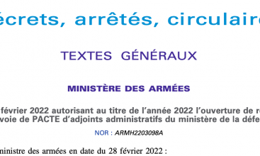 Arrêté du 28 février 2022 au titre de 2022 pour ouverture de recrutement par voie de PACTE d'Adjoint Administratif