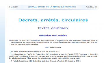 Arrêté du 26 avril 2022 modifiant les conditions d'organisation des concours internes pour le recrutement des SACN au sein du MinArm