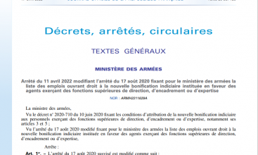 Arrêté du 11 avril 2022 modifiant l'arrêté du 17/08/20 liste des emplois ouvrant droit à la NBI fonctions supérieures de direction, d'encadrement ou d'expertise