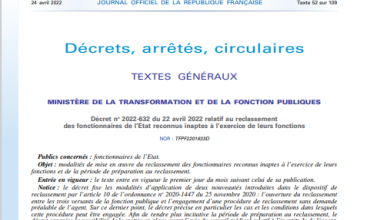 Décret 2022-632 du 22 avril 2022 relatif au reclassement des fonctionnaires de l'état reconnus inaptes à  l'exercice de leurs fonctions