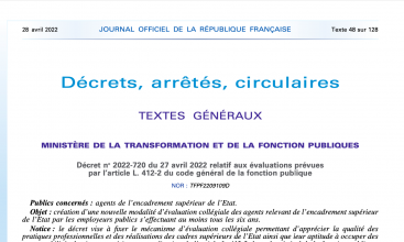 Décret 2022-720 du 27 avril 2022 relatif aux évaluations prévues par l'art. L412-2 du Code Général de la Fonction Publique