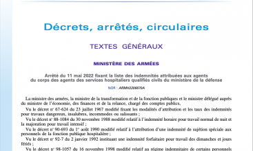 Arrêté du 11 mai 2022 fixant la liste des indemnités attribuées aux agents du corps des ASHQC du MinDef