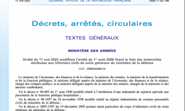 Arrêté du 11 mai 2022 modifiant l'arrêté du 1er août 2006 fixant la liste des indemnités attribuées aux agents du corps des Infirmiers Civils de Soins Généraux au MinDef