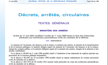 Arrêté du 11 mai 2022 modifiant l'arrêté du 1er août 2006 fixant la liste des indemnités attribuées aux agents du corps des TPC du MinDef