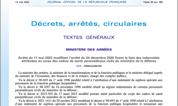 Arrêté du 11 mai 2022 modifiant l'arrêté du 24 décembre 2020 fixant la liste des indemnités attribuées aux agents du corps des Cadres de Santé Paramédicaux Civils du MinDef