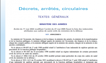 Arrêté du 11 mai 2022 modifiant l'arrêté du 27 mai 2005 fixant la liste des indemnités attribuées aux agents du corps des Cadres de Santé Civils du MinDef