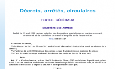 Arrêté du 13 mai 2022 portant création des formations spécialisées en matière de santé, de sécurité et de conditions de travail d'emprise et de risque métier