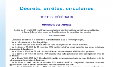 Arrêté du 31 mai 2022 relatif aux CAP compétentes à l'égard de certains corps de fonctionnaires au MinArm