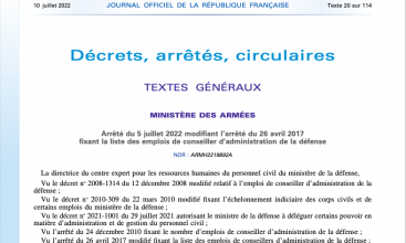 Arrêté du 5 juillet 2022 modifiant l'arrêté du 26 avril 2017 fixant la liste des emplois de Conseiller d'Administration de la Défense