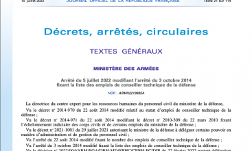 Arrêté du 5 juillet 2022 modifiant l'arrêté du 3 octobre 2014 fixant la liste des emplois de Conseiller Technique de la Défense