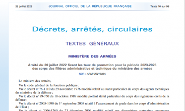 Arrêté du 22 juillet 2022 fixant les taux de promotion pour la période 2023-2025 des corps des filières adm et tech du MinArm