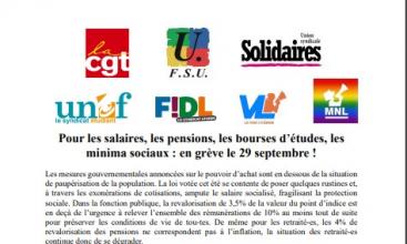 Pour les salaires, les pensions, les bourses d’études, les minima sociaux : en grève le 29 septembre !