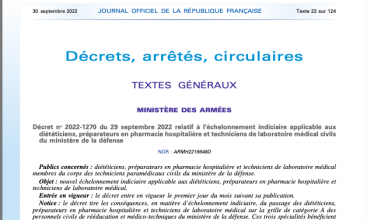 Décret 2022-1270 relatif à l'échelonnement indiciaire applicable aux diététicien, préparateurs en pharmacie hospitalière et techniciens de laboratoire médical civils du MinDef