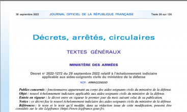 Décret 2022-1272 relatif à l'échelonnement indiciaire applicable aux Aides-Soignants Civils du MinDef