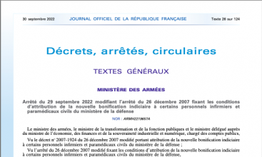 Arrêté du 28 sept 22 modifiant l'arrêté du 26-12-07 fixant les conditions d'attributions de la NBI à certains personnels infirmiers et paramed civils du MinDef