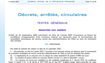 Arrêté du 22 sept 2022 autorisant au titre 2023 l'ouverture d'un concours interne sur titre pour le recrutement de Conseiller Technique de Service Social au MinArm