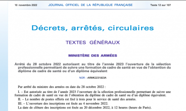 Arrêté du 28 octobre 2022 ouverture sélection pro permettant de suivre une formation de cadre de santé en vue de l'obtention du diplôme