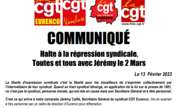 COMMUNIQUÉ Halte à la répression syndicale, Toutes et tous avec Jérémy le 2 Mars