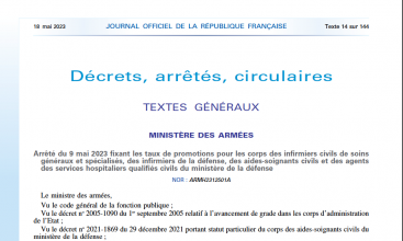 Arrêté du 9 mai 2023 taux promotion 2023 pour ICGS, Infirmier défense et ASHQC