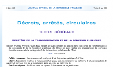 Décret 2023-448 relatif à l'avancement de grade des fonct cat B de la FPE et aux règles de classement de certains fonct de la Cat C