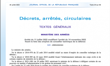 Arrêté du 11 juillet 2023 modifiant l'arrêté du 14 nov 2022 fixant la liste des emplois de Conseiller Technique de la Défense