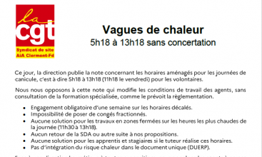 AIA CLERMONT-FERRAND : Tract "Vague de chaleur - 5H18 à 13H18 sans concertation.