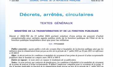 Décret no 2023-702 du 31 juillet 2023 portant création d’une prime de pouvoir d’achat exceptionnelle pour certains agents publics civils de la fonction publique de l’Etat et de la fonction publique hospitalière ainsi que pour les militaires