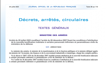 Arrêté du 20 juillet 2023 modifiant l’arrêté du 26 décembre 2007 fixant les conditions d’attribution de la nouvelle bonification indiciaire à certains personnels infirmiers et paramédicaux civils du ministère de la défense