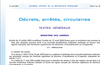 Arrêté du 31 juillet 2023 modifiant l’arrêté du 17 août 2020 fixant pour le MinArm liste des emplois ouvrant droit à la NBI en faveur des agents exerçant des fonctions supérieures de direction, d’encadrement ou d’expertise