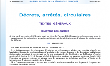 Arrêté du 2 nov 2023 autorisant au titre de l'année 2024 l'ouvertur de concours pour recrutement TSEF2