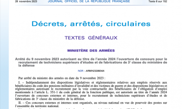 Arrêté du 9 novembre 2023 ouverture de concours pour TSEF3