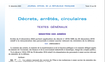 Arrêté du 8 décembre 23 portant application du décret 2016-1995 relatif à la rémunération des OE au ministère de la défense