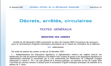 Arrêté du 20 décembre 2023 pour ouverture de concours pour recrutement ATPMD2