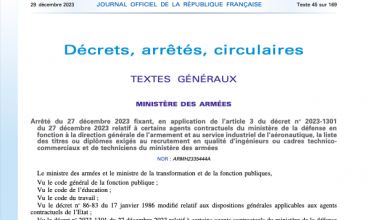 Arrêté du 27 décembre 2023 en application de l'art.3 du décret 2023-1301 des ICT/TCT concernant la liste des titres ou diplomes exigés au recrutement