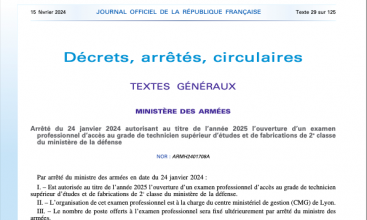 Arrêté du 24 janvier 2024 autorisant au titre de l'année 2025 l'ouverture d'un examen professionnel d'accès au grade de TSEF2