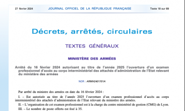 Arrêté du 16 février 2024 autorisant au titre de l'année 2025 l'ouverture d'un examen professionnel d'accès au corps interministériel des Attachés d'administration de l'État relevant du MinArm