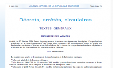 Arrêté du 27 février 2024 fixant le programme, la nature des épreuves, les règles d’organisation générale et le fonctionnement des jurys des concours de recrutement dans le grade de technicien supérieur d’études et de fabrications de 3e classe du corps des techniciens supérieurs d’études et de fabrications du ministère de la défense.